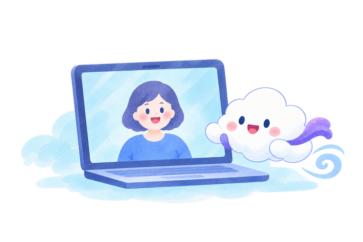ノートパソコンで通話する人物と笑顔の雲