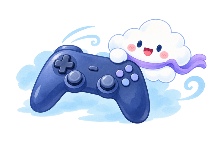 ゲームコントローラーと笑顔の雲