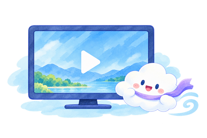 動画画面と笑顔の雲を描いた、くもダッシュの動画視聴イラスト